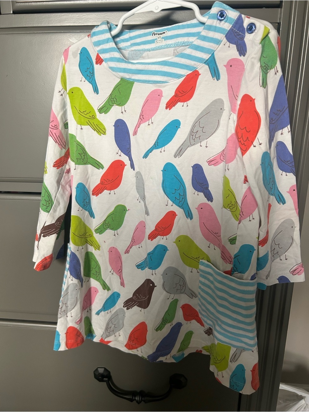 Kids Long-Sleeve Bird Print Dress with Pocket - Multi
